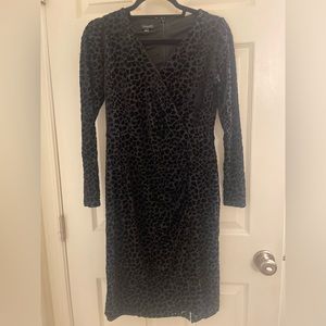 Talbots Burnout Wrap Sheath Dress Black Velvet Cheetah Jacquard V-Neck Small NWT